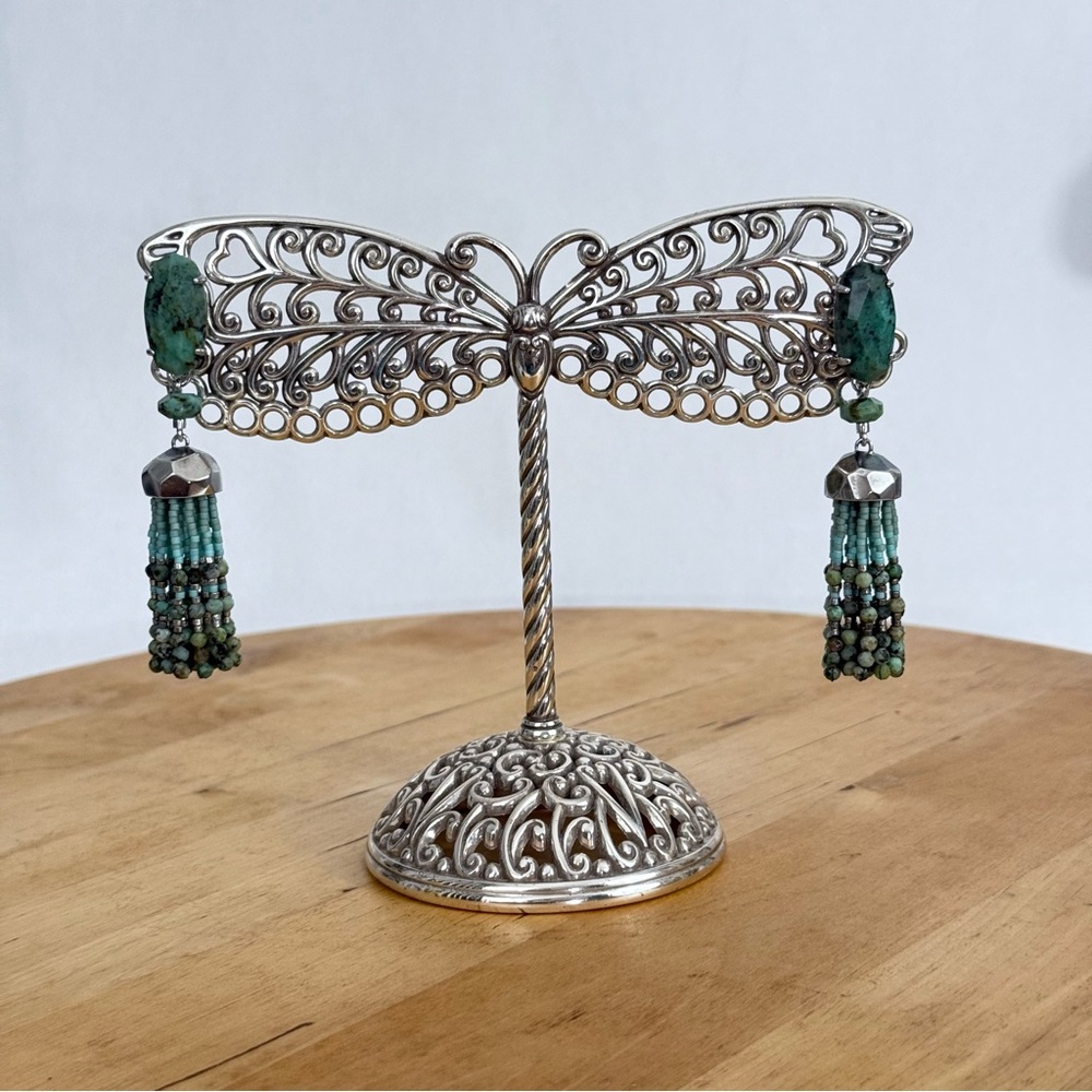 NWOT Kendra Scott Dove Tassel Earrings, Turquoise/Howlite Cluster Beads Silver